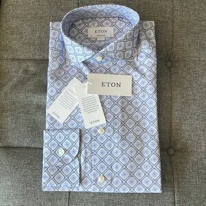 ETON Men’s Blue Medallion Print Twill Cotton Tencel Lyocell Shirt 38 /15 Small